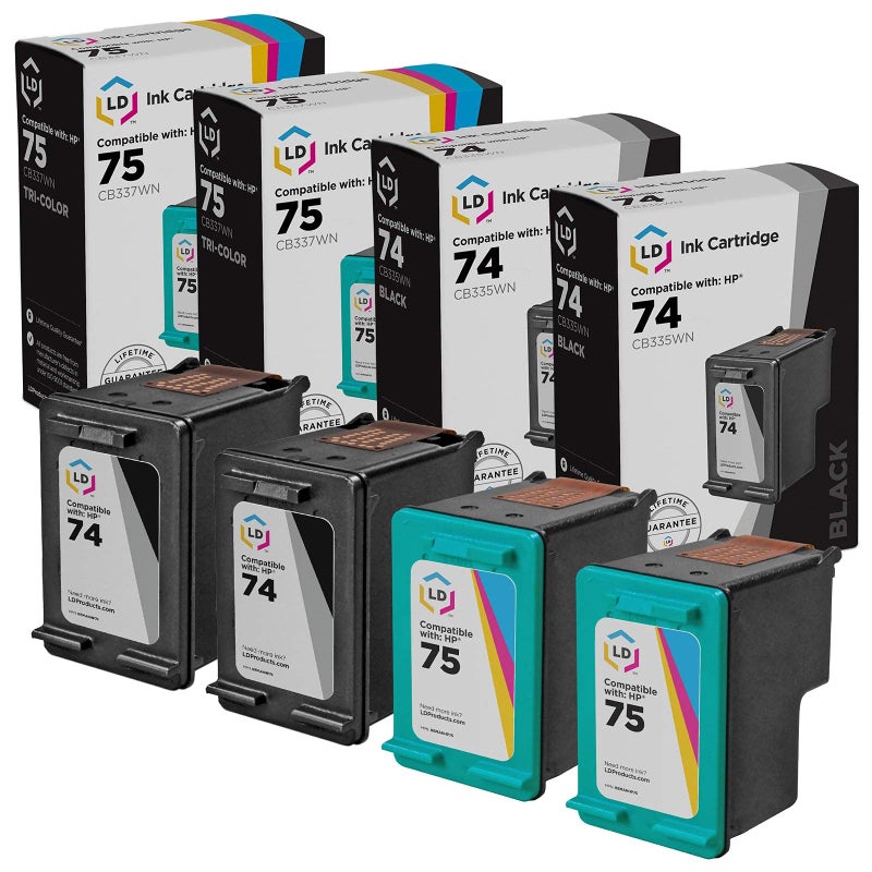 LD Products Remanufactured Ink Cartridge Replacements for HP 74 & 75 (2 Black, 2 Color, 4-Pack) for use in DeskJet: D4245 D4260 D4263 D4268 D4280 D4360 D4363 D4368 | OfficeJet: J5725 J5730 J5735 J5738 - Image 1